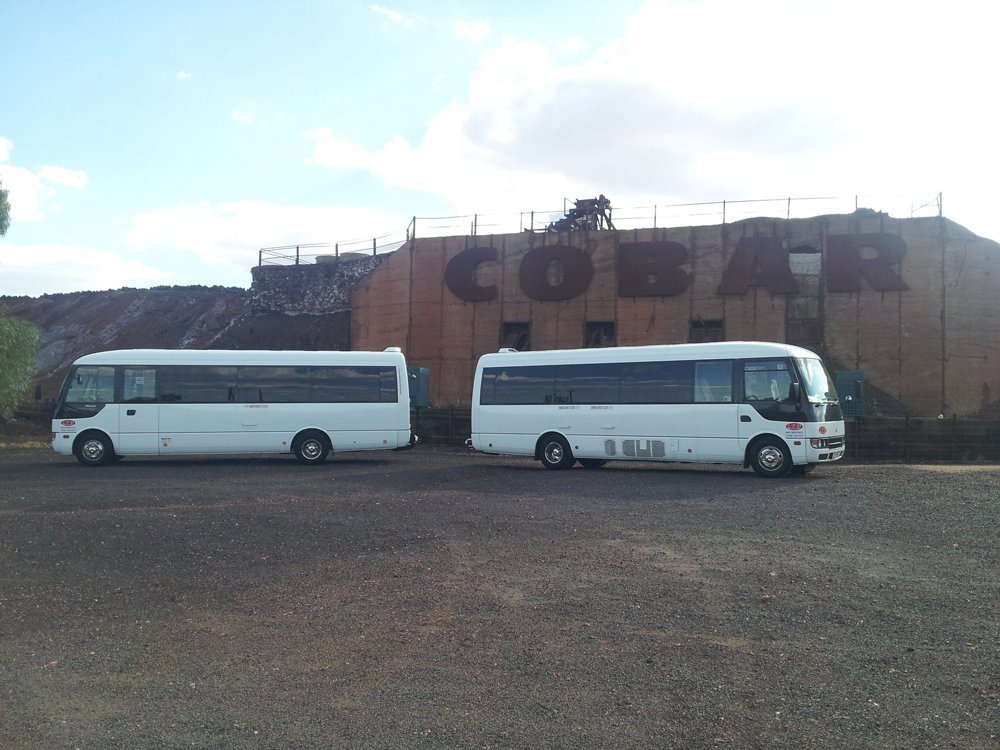 two white buses